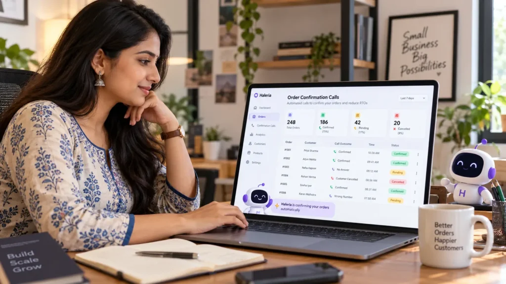 Shopify store owner reviewing order confirmation calls dashboard on laptop