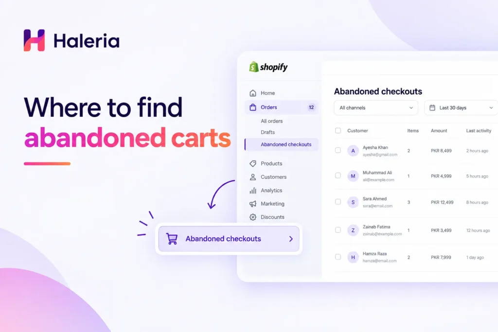 Shopify admin showing abandoned checkouts list