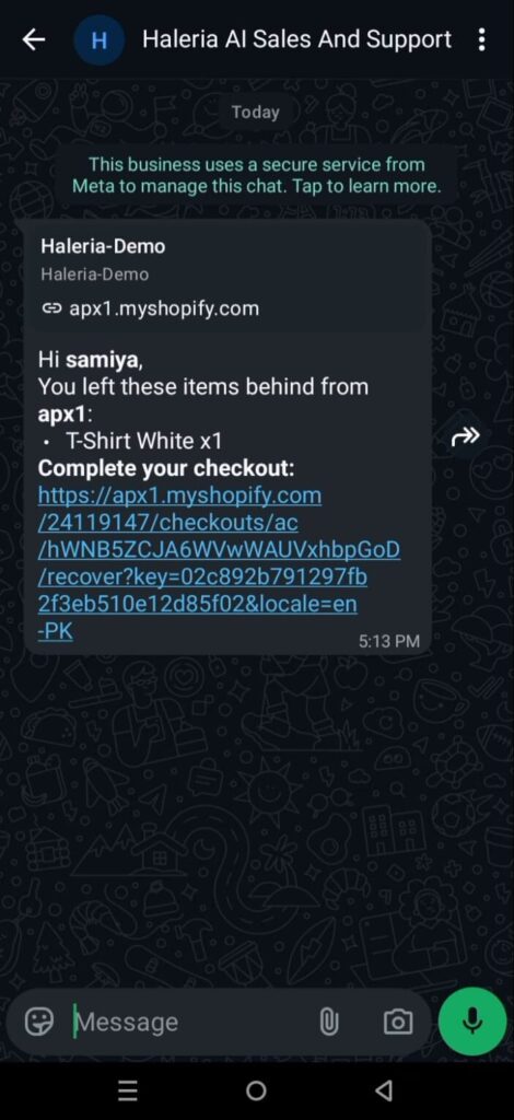 WhatsApp message reminding a customer about an abandoned cart