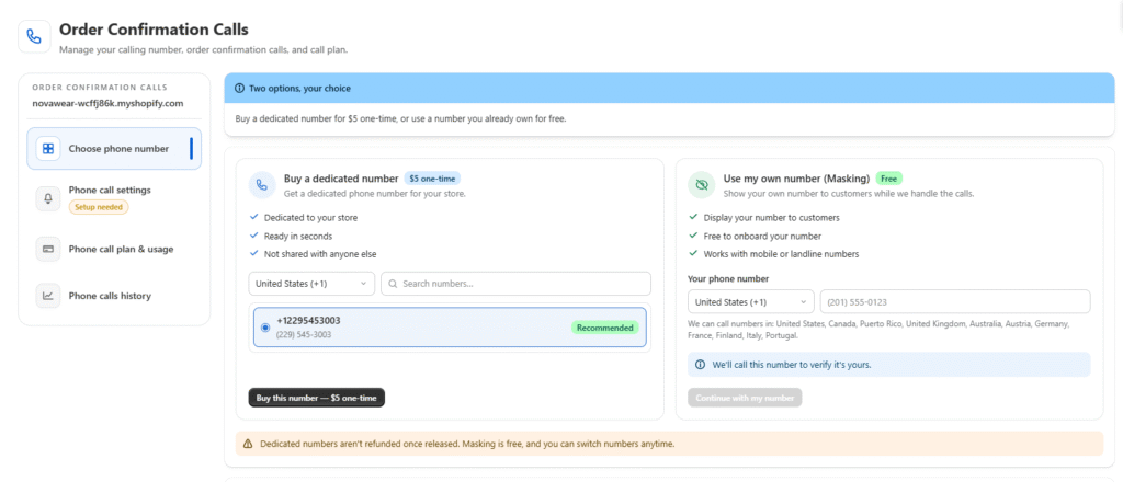 Haleria AI order confirmation call settings dashboard